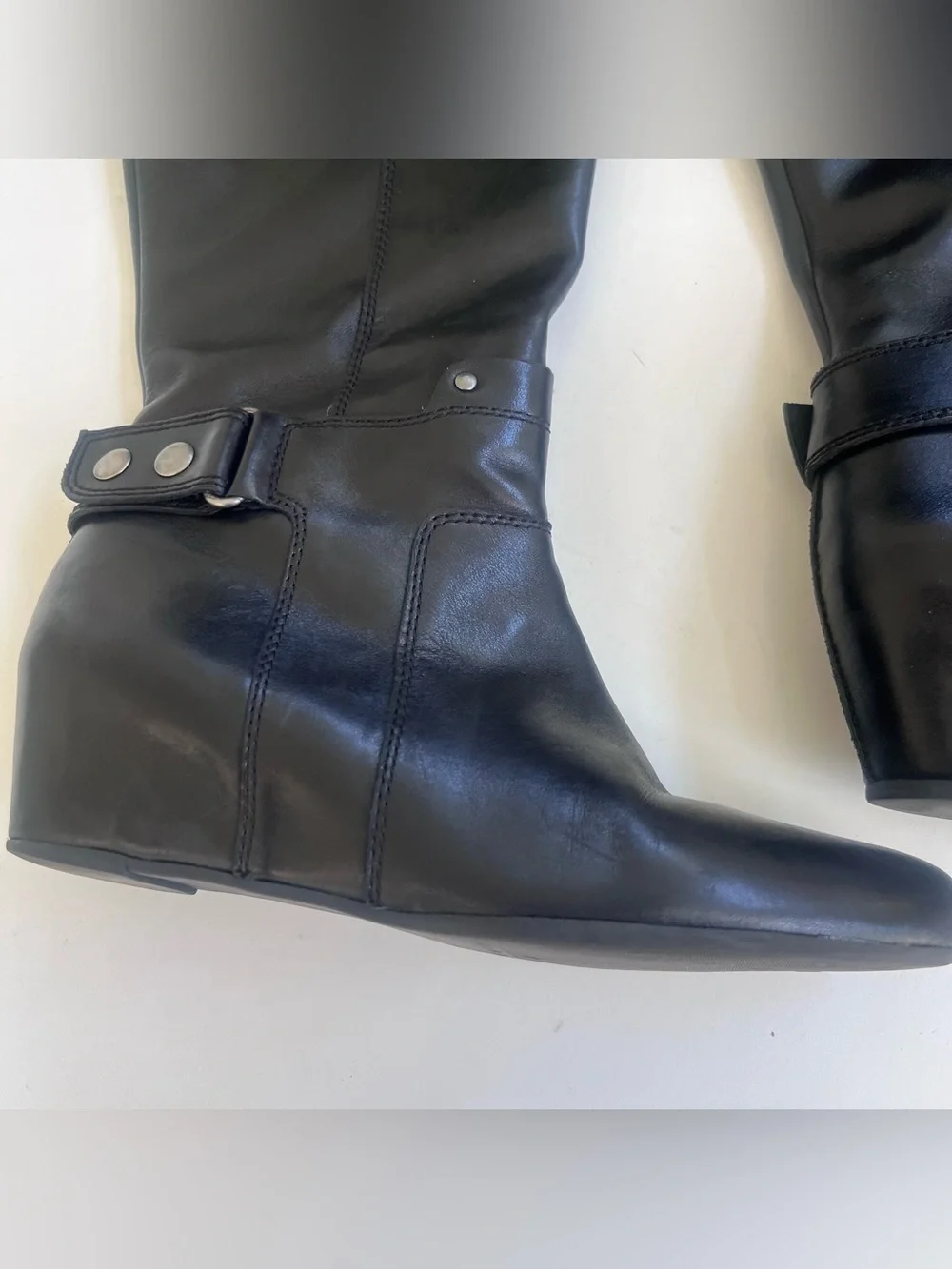 Franco Sarto 7.5M Tall Black Boots wedge Almond Toe Buckle Detail Side Zipper